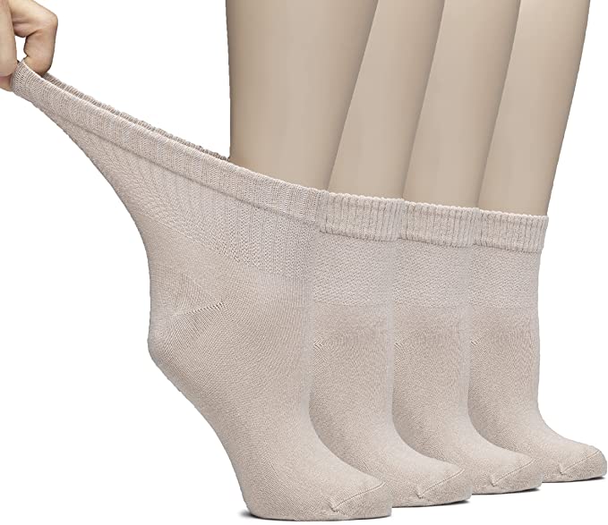 HUGH UGOLI Women Diabetic Ankle Socks, Super Soft & Thin Bamboo Socks, Wide & Loose, Non-Binding Top & Seamless Toe, 4 Pairs
