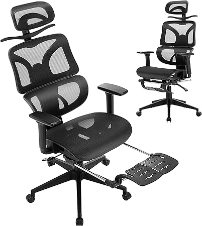 VECELO Swivel Ergonomic High Back Mesh Office Chair with Retractable Footrest, Adjustable Backrest, Tilt Function, 3D Armrests & Headrest, Lumbar Support for Executive/Computer Desk/Task Work, Black