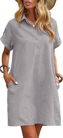 Zeagoo Womens Cotton Shirt Dress Summer Casual Short Sleeve Button Down Beach Cover Up Shirts with Pockets