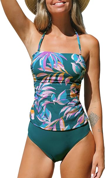 CUPSHE Women's Tankini Set Two Piece Swimsuit High Waisted Paneled Shirring Ruched