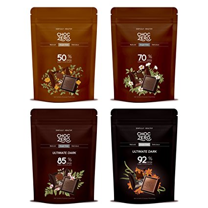 ChocZero’s Dark Collection, Premium Dark Chocolate, Sugar Free, Low Carb. No sugar alcohols, All Natural, Non-GMO -4 Bags(50% Dark, 70% Dark, 85% Dark and 92% Dark, 40 pieces)