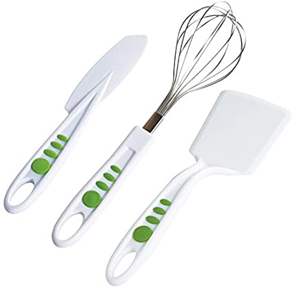 Curious Chef Kids Cookware - 3-Piece Baking Set I Real Utensils, Dishwasher Safe, BPA-Free I Stainless Steel Whisk, Frosting Spreader, Cookie Turner