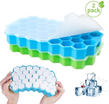 Henscoqi 2 Packs Ice Cube Trays with No-Spill Removable Lid, Easy-Release Silicone 74-Ice Cube Molds BPA Free, Certificated for Whiskey, Cocktail, Stackable Durable and Dishwasher Safe(Blue&Green)