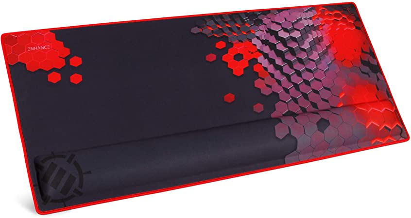 ENHANCE XXL Large Extended Gaming Mouse Pad with Ergonomic Memory Foam Wrist Rest Support (31.5 x 13.78 x 1 inches) - Anti-Fray Stitching & Soft Cushion Mat Surface (Red)