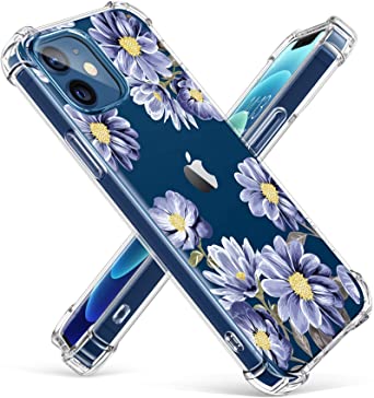 GVIEWIN Clear Floral Case Compatible with iPhone 12 and iPhone 12 Pro 6.1 Inch 2020, Soft & Flexible TPU Shockproof Cover Women Girls Flower Pattern Phone Case (Cineraria/Blue)