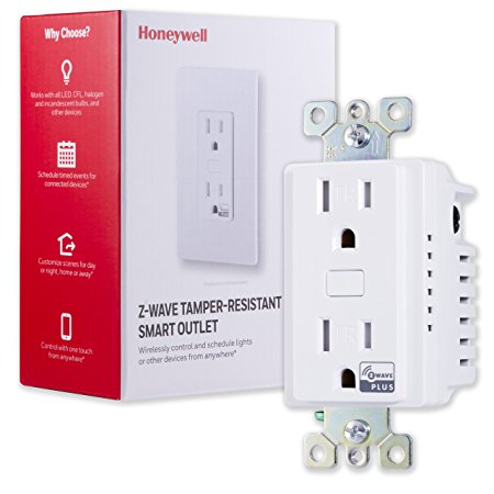 Honeywell Z-Wave Plus Smart Light and Appliance Control Duplex Receptacle Outlet, In-Wall Tamper Resistant| 1 Always On/1 Controllable | ZWave Hub Required - SmartThings, Wink, Alexa Compatible, 39349