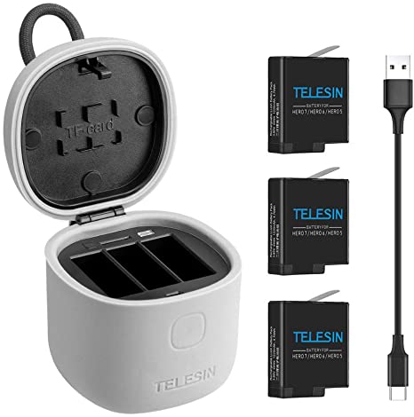 TELESIN allin Box Charger for gopro，gopro Multifunction Battery Kit，3-Channel LED USB Charger，Storage   Charging   SD Card Reader，for GoPro Hero 8 Black/Hero 7/Hero 6/5 (Charger 3pcs Batteries)