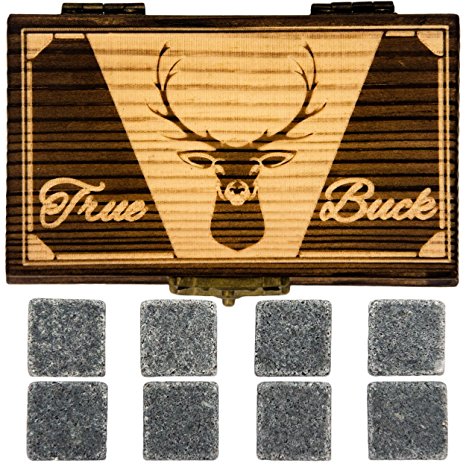 True Buck Premium Granite Whiskey Stones - Gift Set Includes 8 Smoothed Natural Rocks & Roasted Pine Engraved Wooden Box - Keep Your Drinks Undiluted and Colder for Longer (Set of 8, Black Granite)