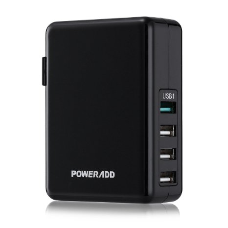 Poweradd Quick Charge 2.0 40W 4-Port USB Wall Charger Power Adapter with Folding Plug and Smart Technology Travel Charger for iPhone 6S 6 Plus, iPad, Samsung Galaxy S6 Edge, Tab and More