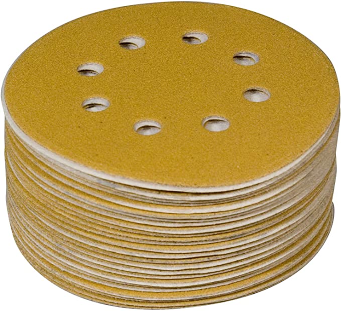 POWERTEC 44015G-50 5" 8 Hole 150 Grit Hook and Loop Sanding Discs - Gold (50 Pack)