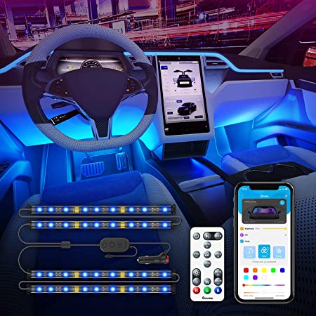 Govee Interior Car Lights, Upgrade Car LED Strip Light 2-in-1 Design with APP and Remote 48 LEDs Lighting Kits Sync to Music, RGB Under Dash Car Lighting with Car Charger, DC 12V