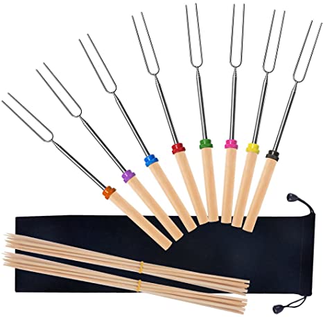 Alotpower Telescoping Marshmallow Roasting Sticks, 8 Extendable Stainless Steel Grilling Fork with Wooden Handle 32 Inch & 20 Bamboo Sticks BBQ Tool Set