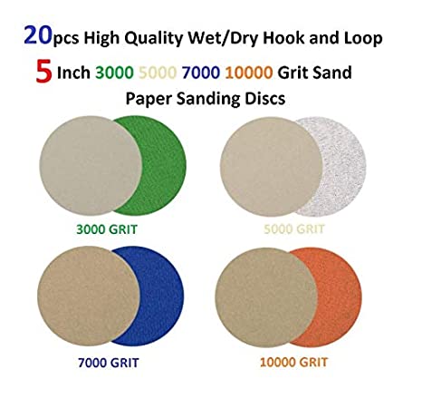 20pcs Hook and Loop 5 Inch 3000 5000 7000 10000 Grit Wet/Dry Sand Paper Sanding Discs