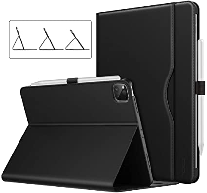 MoKo Case Fit iPad Pro 12.9 4th Generation 2020 & 2018 [Support Pencil Charging] PU Leather Business Folding Stand Folio Cover with Auto Wake/Sleep, Hand Strap, Multiple Viewing Angles - Black