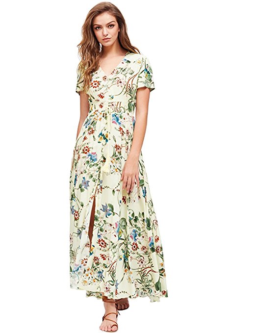 Milumia Women's Button Up Split Floral Print Flowy Party Maxi Dress XX-Large Yellow-2