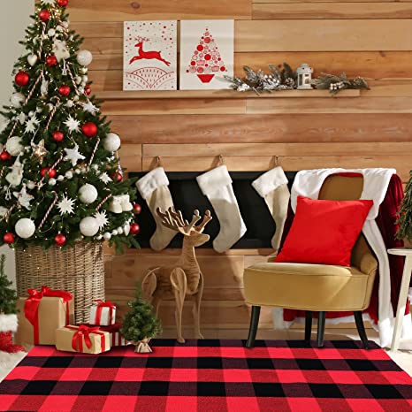 Buffalo Plaid Rug Buffalo Check Rug Outdoor Indoor Front Porch Check Doormat Washable Woven Front Porch Decor for Door Home Entrance Kitchen (Red Black Plaid,59 x 35.4 Inch)