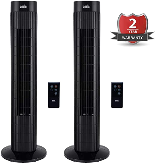 ANSIO Tower Fan 30-inch with Remote Control For Home and Office, 7.5 Hour Timer, 3 Speed Oscillating Cooling Fan with 2 Year Warranty - Black (Double pack)
