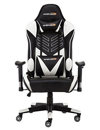 WENSIX Gaming Chair High Back Computer Chair With Adjusting Headrest and Lumbar Support, Ergonomic designs Extremely Durable PU Leather Steel Frame Racing Chair (White/Black)
