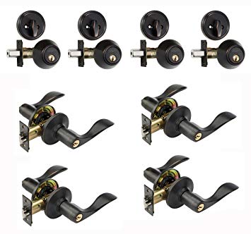 Dynasty Hardware CP-HER-12P, Heritage Front Door Entry Lever Lockset and Single Cylinder Deadbolt Combination Set, Aged Oil Rubbed (4 Pack) Keyed Alike