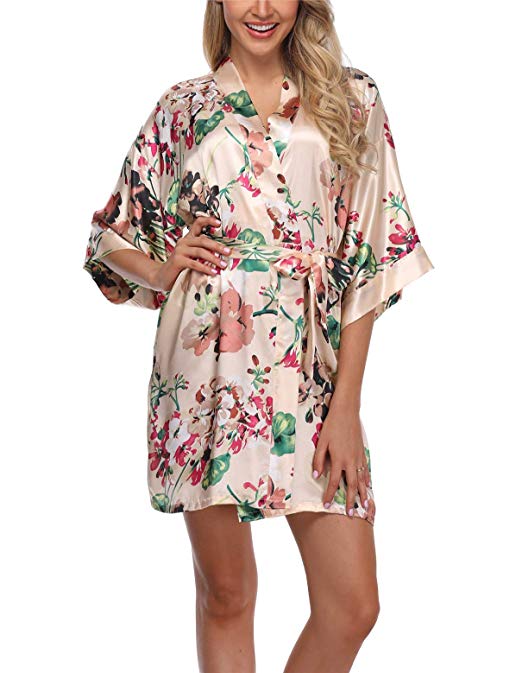 Women's Floral Satin Kimono Robes Short Bridesmaid Robes for Wedding Party