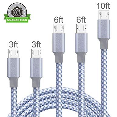 Vanzon Micro USB Cable,5Pack 2x3FT 2x6FT 10FT Long Premium Nylon Braided Android Charger USB to Micro USB Charging Cable Samsung Charger Cord for Samsung Galaxy S7 Edge/S7/S6/S4/S3,Note 5/4/3-Gray