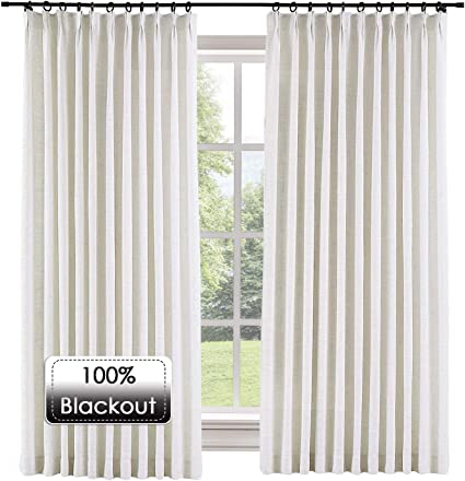 Prim 72x102-inch Bedroom Linen Curtains Draperies Room Darkening Thermal Insulated Blackout Pinch Pleat Window Curtain for Living Room, Beige White, 1 Panel
