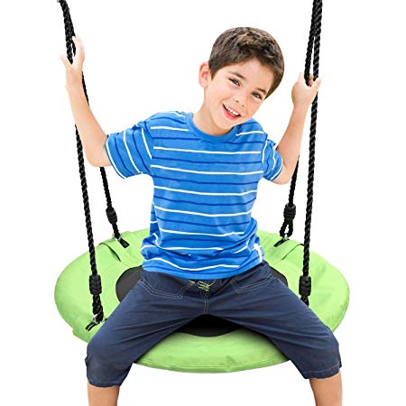 Odoland Chidren Saucer Tree Swing Net Swing 24 inch Kid Platform Rope Swing Detachable 600LB Weight Load Oxford Fabric Adjustable Hanging Ropes for Tree, Backyard, Playground and Amusement Park Green