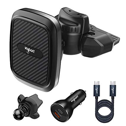 Magnetic CD Slot Car Mount with Charger, VOLPORT Magnet Air Vent Phone Holder Cradle-Less with 39W Fast USB C Car Charger and Braided USB C Cable 3Ft for iPhone/Samsang Galaxy/Google Pixel/Huawei