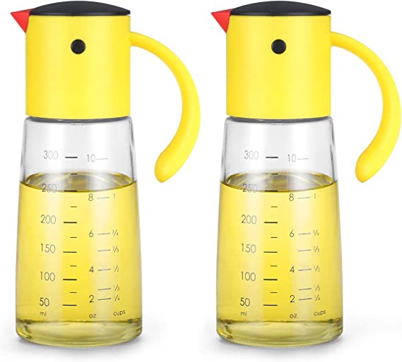 Olive Oil Dispenser Bottle for Kitchen Cooking - Auto Flip Condiment Container With Automatic Cap and Stopper - Leakproof Vinegar Glass Cruet Stainless Steel Non-Drip Spout (Set of 2)