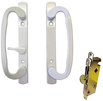 STB Sliding Glass Patio Door Handle Set with Mortise Lock, White, Non-Keyed, 3-15/16" Screw Holes | The Latch Lever is Located Off-Center
