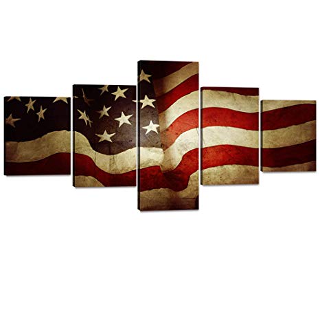 American Flag Canvas USA Wall Art Vintage Retro Style Painting Stars and Stripes 5 Panel Standard Posters and Prints Pictures for Living Room,Home Decor Set Framed Stretched(50''W x 24''H)
