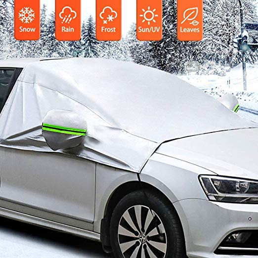 MATCC Car Windscreen Cover Snow Cover with Hook and Straps Exterior Waterproof Sunshade with Mirror Covers Front Window Shield Windproof in All Weather Fit for Most Car, SUV and Van