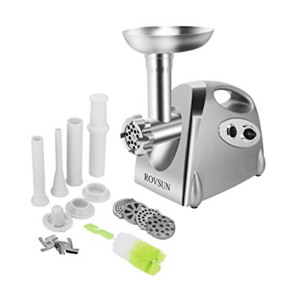 ROVSUN Electric Meat Grinder,800W Meat Mincer and Sausage Stuffer,Food Grinder with 4 Cutting Plates,3 Sausage Stuffing Tubes,2 Stainless Steel Blades,Kibbe Attachment Brush Gift,ETL Approved(Silver)