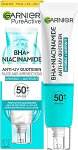 GARNIER SkinActive - Fluide Anti-UV Matifiant & Anti-Imperfections Quotidien - SPF 50  - Protège & Réduit les Imperfections - Enrichi en BHA & Niacinamide - Pour Peaux à Tendance Acnéique - 40 ml