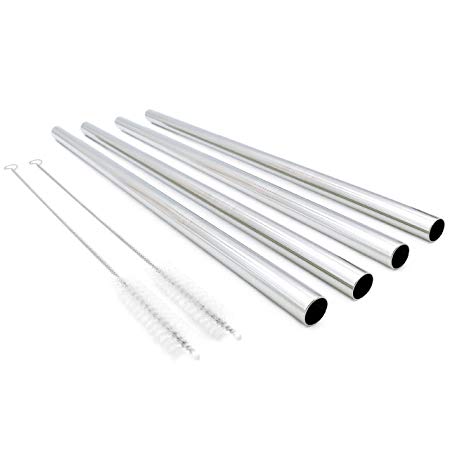 Super Big Drinking Straws Set 12" Extra Long 1/2" Extra Wide Reusable 304 Food-Grade 18/8 Stainless Steel for Frozen Drinks Boba Bubble Tea Smoothies and Shakes - Set of 4 with 2 Cleaning Brushes