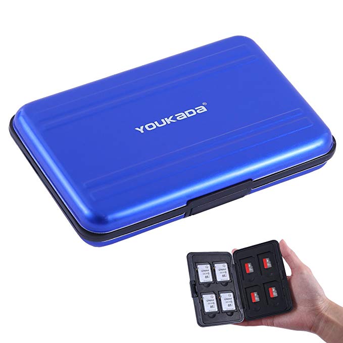 YOUKaDa Metal Memory Card Case Holder Water-Resistant Pocket-Sized SD Holder for 8 SD Cards & 8 Micro SD Cards (Blue)