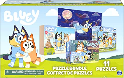 Spin Master Games Bluey 11 Puzzle Bundle Set, 8- and 24-Piece Wood, Fuzzy, & Die-Cut Jigsaw Puzzles for Preschoolers and Kids, Multicolor