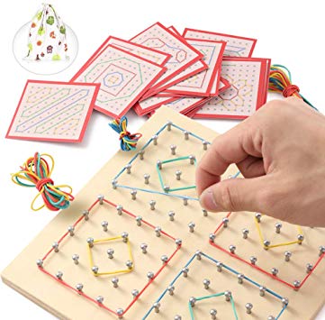 ZaxiDeel Wooden Geoboard Mathematical Manipulative Matrix 10x10 Learning Material, Educational Toy for Kids with Rubber Bands and Cards to Create Patterns and Shapes for Preschool Classrooms with Bag