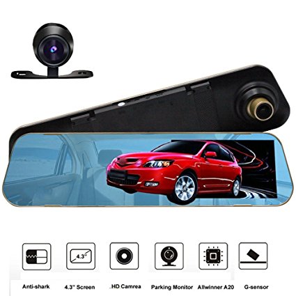 4.3 inch Full HD 1080P Dash Cam | Car Video Camera | driving recorder with Dual Lens for Vehicles| Front & Rearview Mirror Car DVR with G-Sensor, Loop Recording