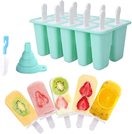 YSBER Popsicle Molds -10 Pieces Easy Release Silicone Ice Pop Molds - Reusable BPA Free Silicone Molds Popsicle Maker With Silicone Funnel & Cleaning Brush.