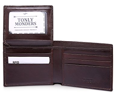 Tonly Monders RFID Blocking Men's Full Grain Leather Wallet Bifold Front Pocket Card Holder