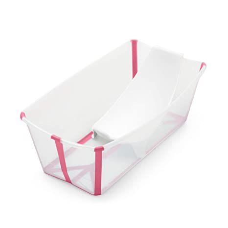 Stokke Flexi Bath Bundle, Transparent Pink - Foldable Baby Bathtub   Newborn Support - Durable & Easy to Store - Convenient to Use at Home or Traveling - Best for Newborns & Babies Up to 48 Months
