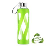 SWIG SAVVY Stylish Real Borosilicate 20-oz Glass Water Bottle with Silicone Sleeve - Stainless Steel Cap with Carrying Loop - Green