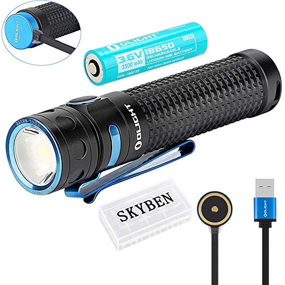 Olight Baton Pro 2000 Lumens High Performance Cool White LED 18650 Magnetic Rechargeable Side Switch LED Flashlight,with SKYBEN Battery Case