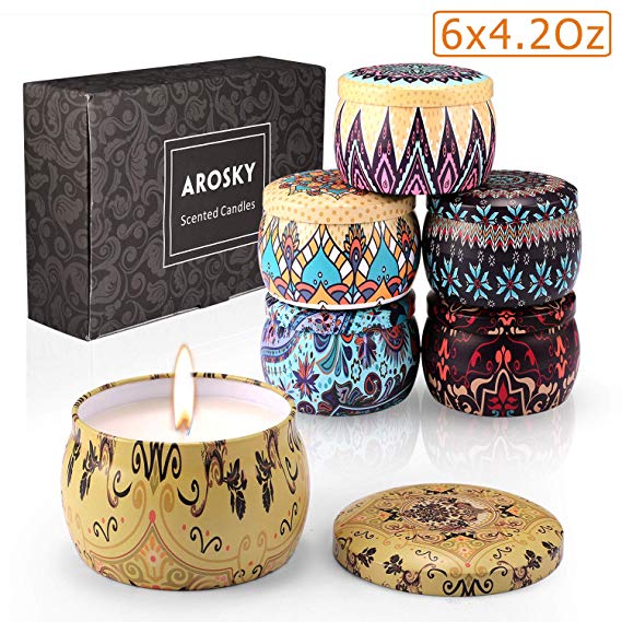 Arosky Scented Candles Natural Soy Wax Portable Travel Tin Aromatherapy Candle Gift Set, Jasmine/Lotus/Lilac/Gardenia/Rose/Vanilla Fragrance, 6 x 4.2 Oz Pack of 6