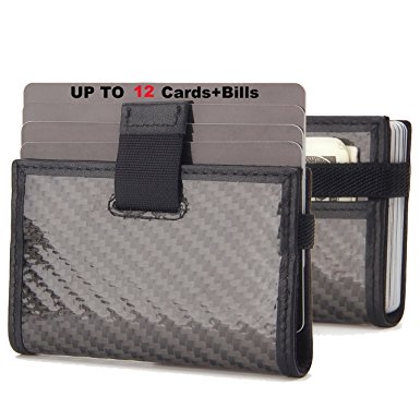 iPulse Minimalist Slim Wallet With RFID Protection - Tokyo Series Carbon Fiber Card Holder Case With Elastic Money Clip Band - [ Hold Up To 12 Cards] [ Credit Card Size ] (Carbon Fiber)