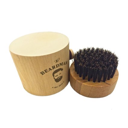 The Beardman Beard Brush- 100 Boar Bristles - With a a Beautiful Wodden Gift Box Round Beard Brush with Travel Case