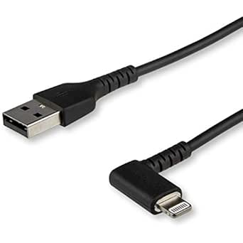 StarTech.com 6ft (2m) Durable USB A to Lightning Cable - Black 90° Right Angled Heavy Duty Rugged Aramid Fiber USB Type A to Lightning Charging/Sync Cord - Apple MFi Certified - iPhone (RUSBLTMM2MBR)