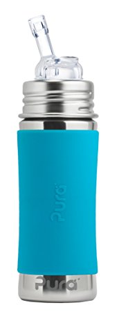 Pura Stainless Steel Bottle With Silicone Straw & Sleeve, Aqua (Plastic Free, BPA Free, NonToxic Certified)