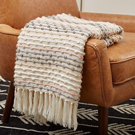 Rivet Bubble Textured Lightweight Decorative Fringe Throw Blanket, 47.7"W x 60"L, Grey and Cream